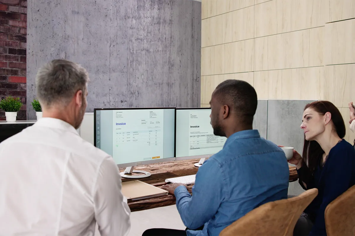 3 employés derrière un écran d'ordinateur discutant d'une facture électronique