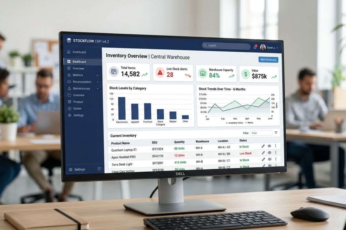 Ecran d'un ordinateur sur un bureau présentant un dashboard avec des analyses liées au stock