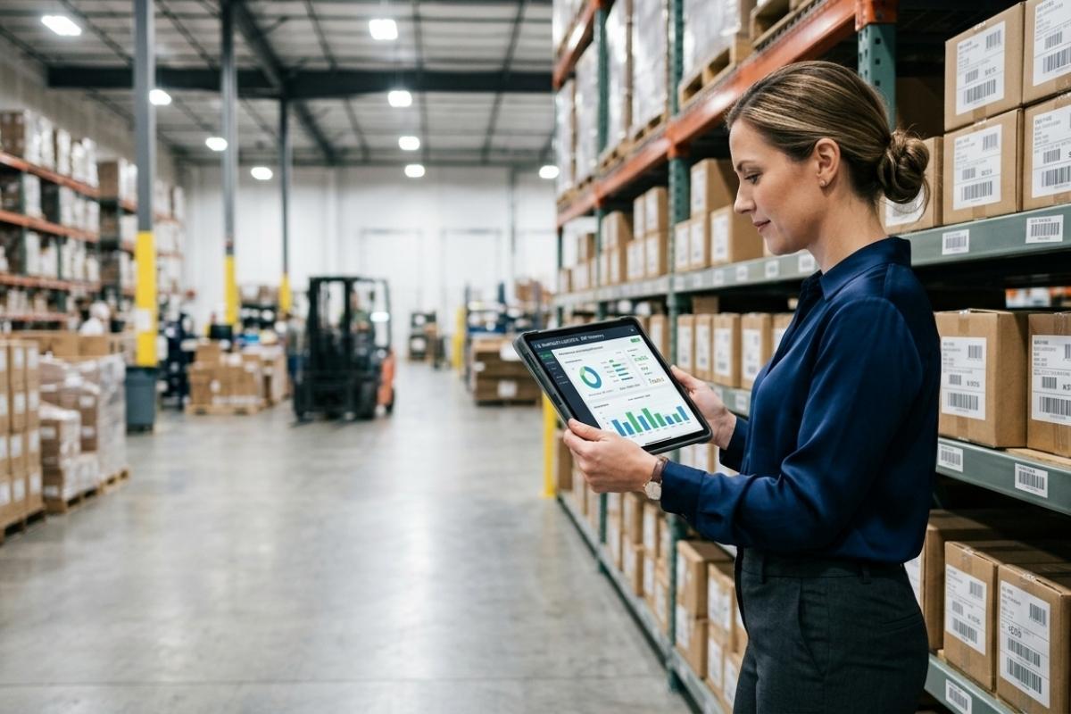 femme-affaires-erp-gestion-de-stock Femme d'affaire dans un entrepôt analysant son stock sur une tablette