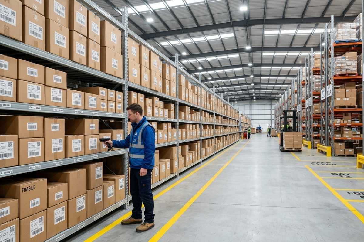 Homme dans un entrepôt moderne en train de scanner les cartons du stock de son entreprise