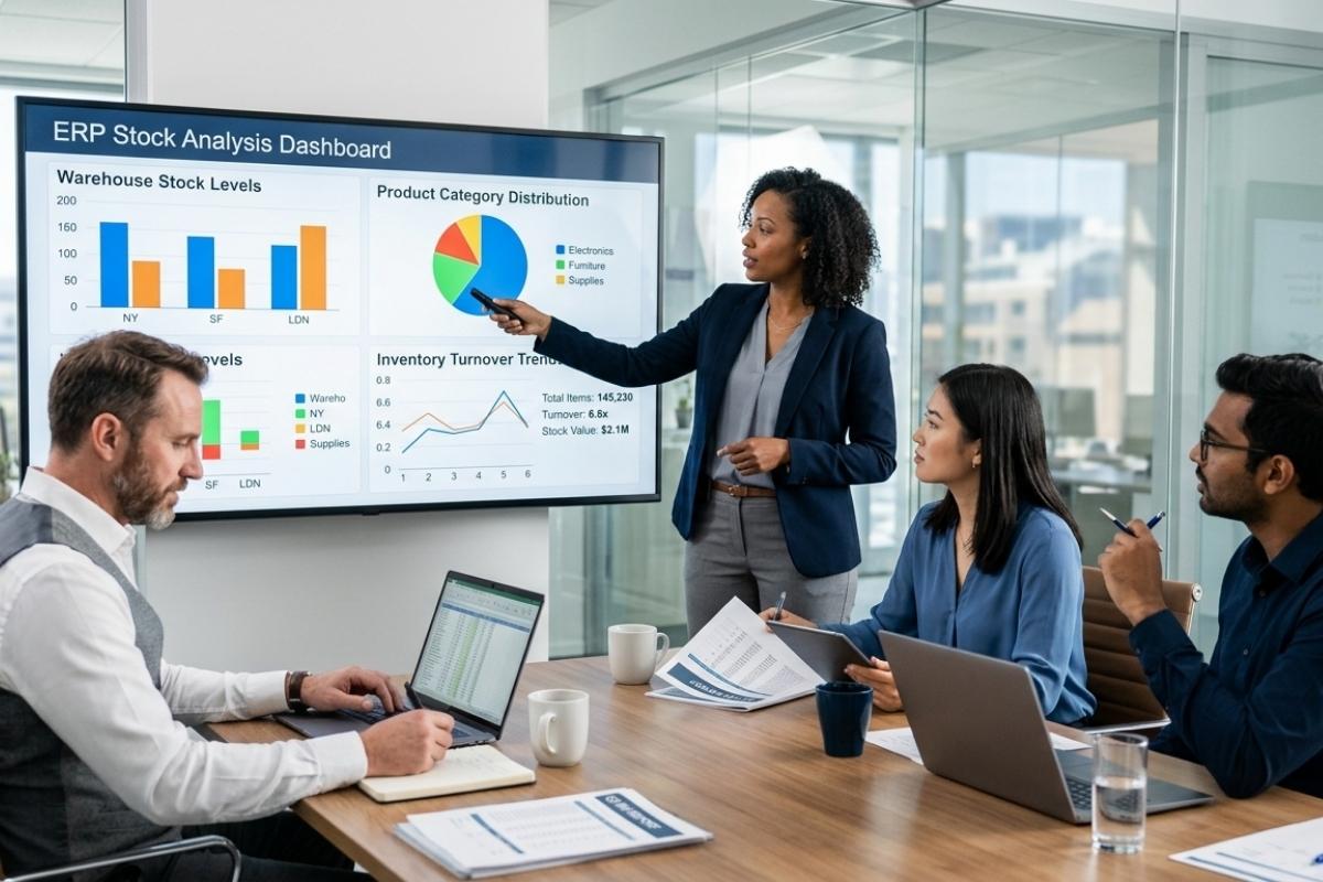 Femme debout devant un tableau d'analyse erp des gestions de stock présentant les résultats à ses collègues