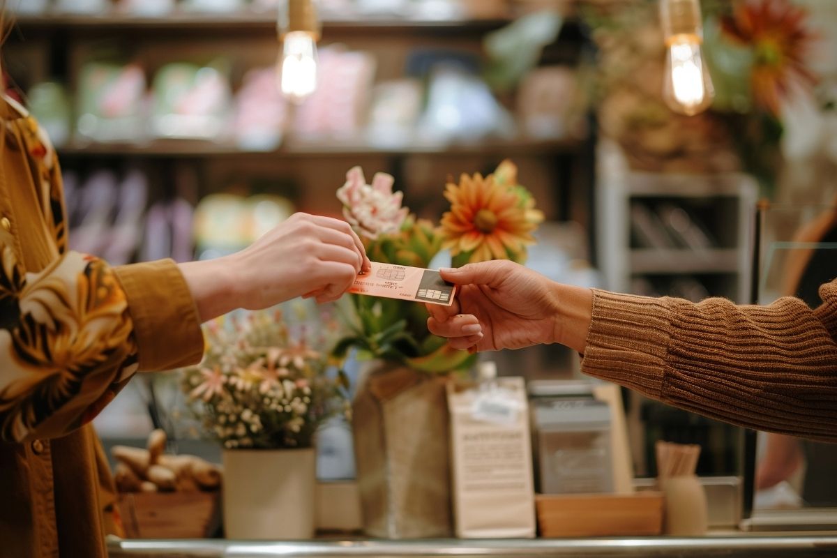 Vendeuse dans un magasin de fleurs tendant une carte de fidélité à une cliente devant son comptoir