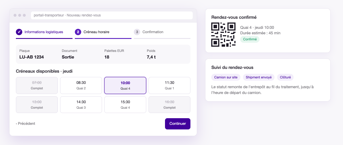 Visualisation du portail transporteur réalisé pour le client Robofast Logistics